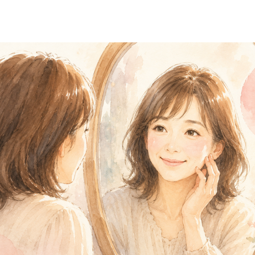 鏡の前で微笑む