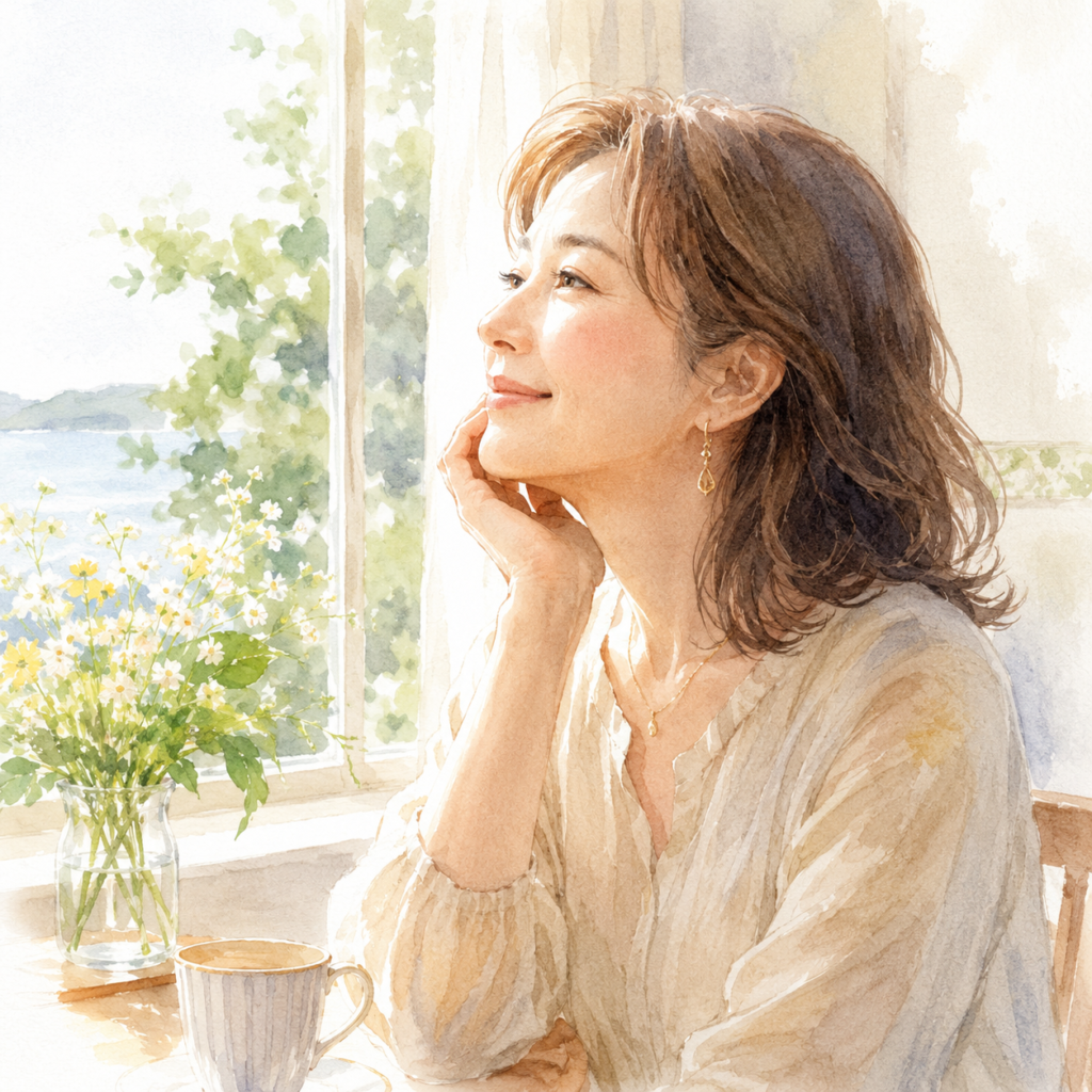 「窓辺で柔らかく微笑む女性