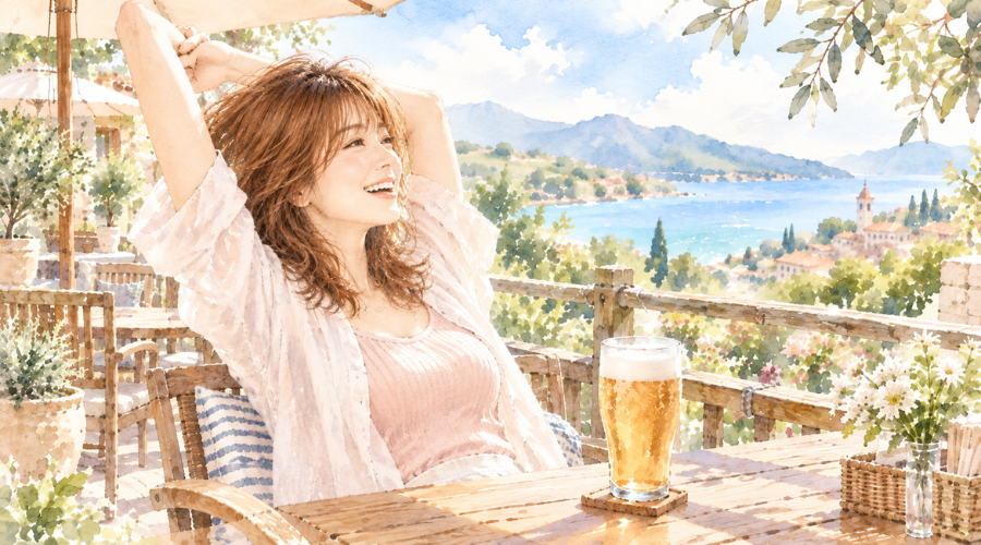     一人旅のオープンテラスで景色を眺めながら自分の時間を楽しむ女性