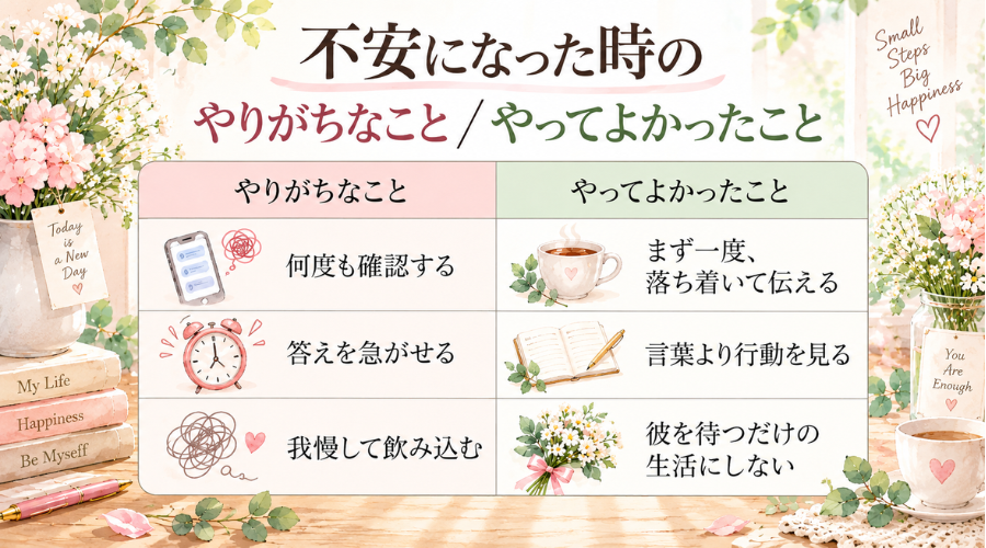 交際中の不安でやりがちなことと、やってよかったことの比較表」