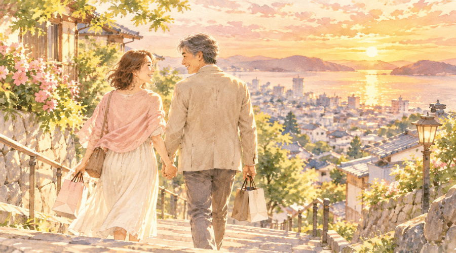 大切にしてくれる男性と手をつないで夕暮れの坂道を歩く50代カップル