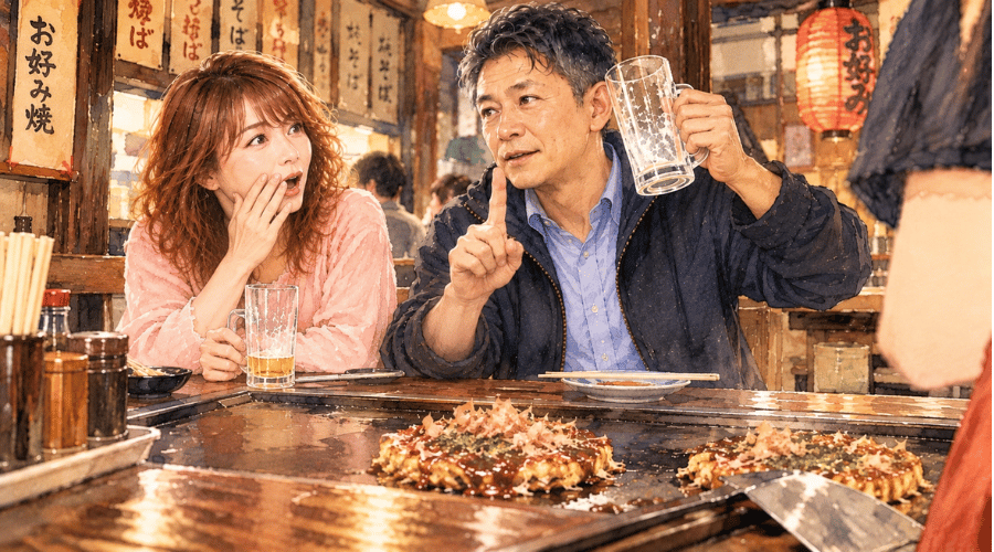 50代カップルのお好み焼きデートで、男性が自分のビールだけを注文し女性が驚いている